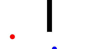 The red player shoots at the blue player and sees the shot hit before the blue player can get to cover.
